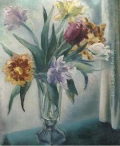 A Still Life With Tulips In A Glass Vase by Mommie Schwarz
