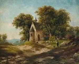 Schafer Bei Einer Kapelleam Waldrand