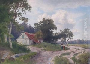 Landschaft Mit Bauerinnen Und Rind Am Wegrand Vor Einer Hutte