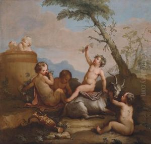 The Infant Bacchus And Putti, With A Goat In A Landscape by Hendrick Willelm Schweickhardt