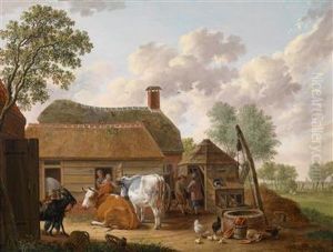 A Farmyard by Hendrick Willelm Schweickhardt