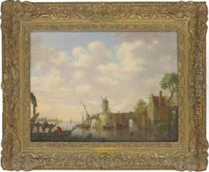 A River Estuary With Fishermen And Stevedores, A Dock And A Windmill Beyond by Hendrick Willelm Schweickhardt