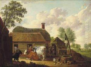 A Farm Scene With Peasants, Cattle, Chickens And A Goat by Hendrick Willelm Schweickhardt