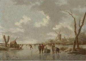 Winter Scene With Skaters On A Frozen River by Hendrick Willelm Schweickhardt