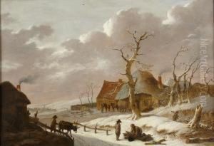 A Snow Covered Landscape With Villagers Gathering Firewood by Hendrick Wilhelm Schweikardt