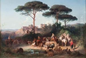 Paesaggio Con Pastori E Animali Alla Fonte E Veduta Di Ariccia