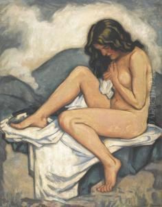 Hugellandschaft Mit Weiblichem Akt Im Profil by Ernst Schweizer