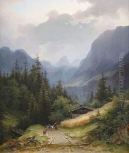 Wolkenverhangene Gebirgslandschaft Mit Alm