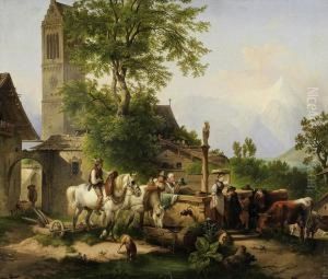 Hustle And Bustle At The Villagewell by Karl Schwenninger