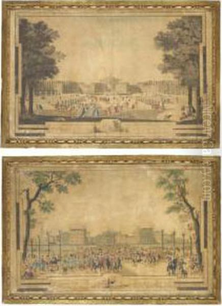 [ignazio Sclopis (napoli (?) -1793) Views Of Stupinigia Pair Of Etchings, Partly Hand-coloured, Laid Down On Paper, Repaired Tears, Rubbing, Defects, Framed In Carved Gilt Frames.] - view 1