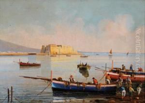 Marina Con Barche E Pescatori Sullo Sfondo Di Castel Dell'ovo