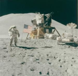 Astronaut James Irwin Gives Salute Beside Us Flag During Eva, August 1971