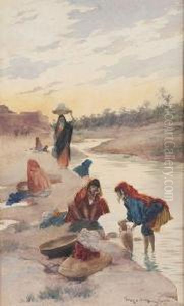 Femmes Lavant A La Riviere De Gabes - view 1