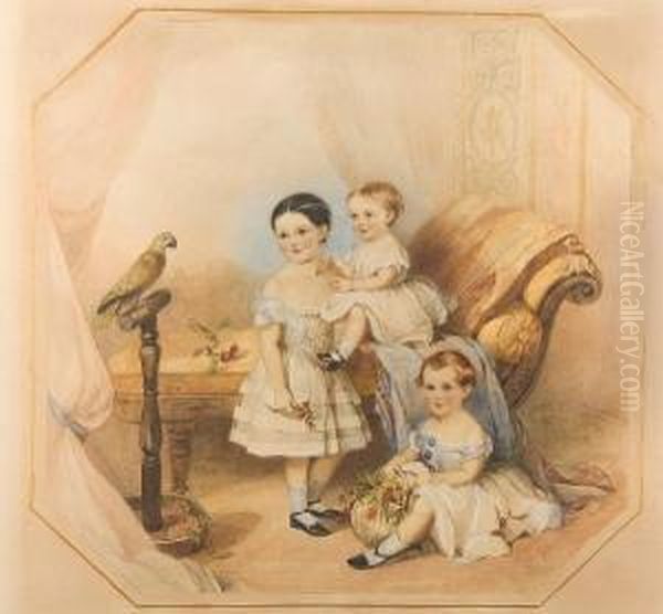 Portrait Of Three Children And A Parrot - view 1