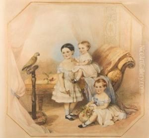 Portrait Of Three Children And A Parrot by Emily Maria Spafard Scott