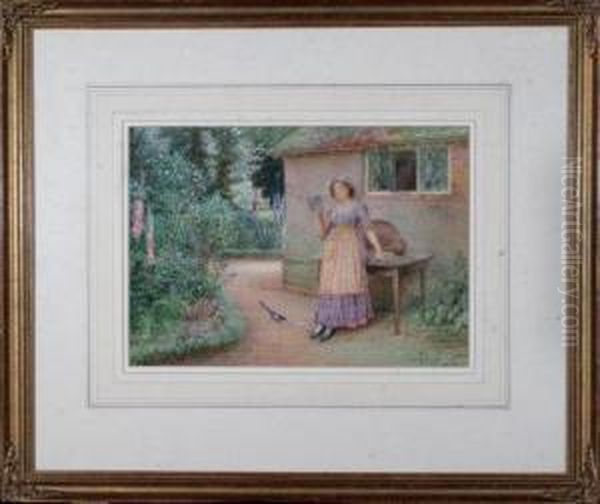 A Young Woman In A Cottage Garden Reading A Letter - view 1