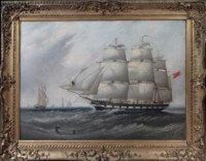A Portrait Of The Three-masted Sailing Ship Britannia With Alighthouse And Other Vessels In The Distance