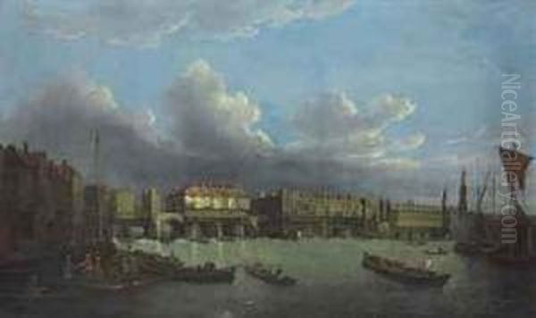 An Extensive View Of The Thames And The City Of London With Oldlondon Bridge From The East, The Church Of St. Magnus And Themonument Beyond - view 1