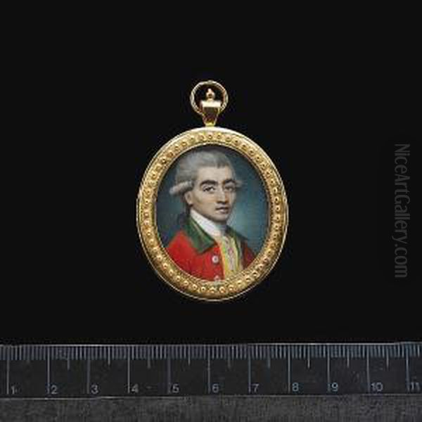 A Gentleman, Wearing Red Coat With Green Collar And Silver Buttons, Yellow Waistcoat, Frilled Chemise, Stock And Powdered Wig, Worn - view 1