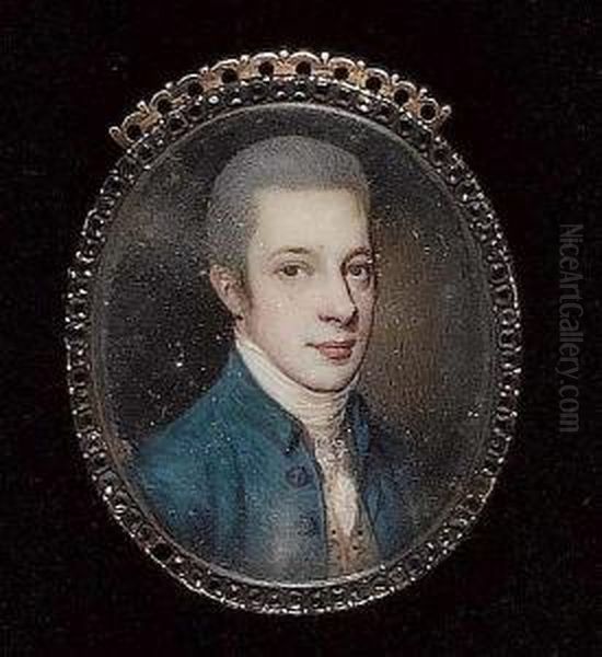 A Gentleman, Wearing Blue-green Coat, White Waistcoat With Floral Embroidery, White Lace Cravat And Powdered Hair. - view 1