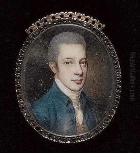 A Gentleman, Wearing Blue-green Coat, White Waistcoat With Floral Embroidery, White Lace Cravat And Powdered Hair. by James Scouler