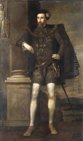 Portrait Of Henry Howard, Earl Of Surrey, Aged 29, Standing Fulllength, Wearing An Embroidered Costume, With A Dagger And A Sword,by A Pedestal - view 1