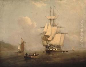 A Two-decker Drying Her Sails And Airing Ship, Lying At Anchor by Charles Henry Seaforth