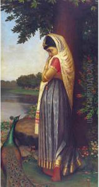 Lady With Peacock Signed And Dated 'j. Seal 1919' Lower Right Oil On Canvas - view 1