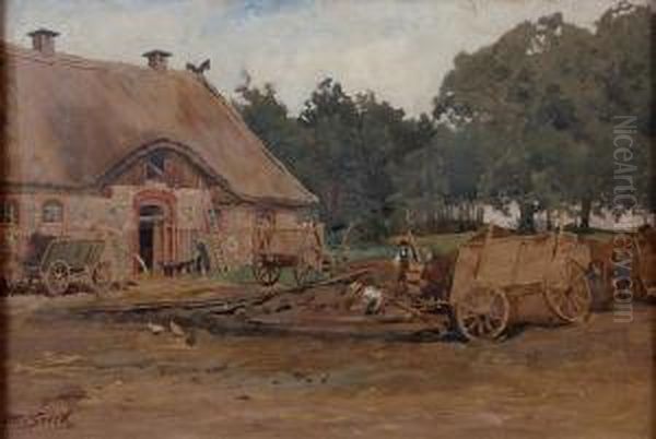 A Farmhouse Scene With Figures Working In The Field - view 1