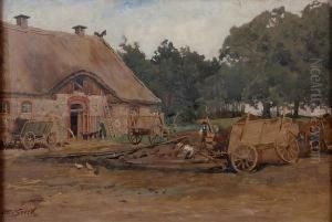 A Farmhouse Scene With Figures Working In The Field by Otto Seeck
