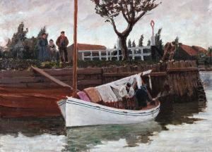 Ankerndes Segelboot An Schleusenwand by Hermann Seeger