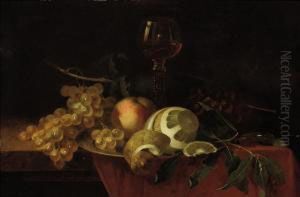 An Orange, A Peach, Grapes And A Glass Of Wine On A Salver On A Draped Table by P Seegers