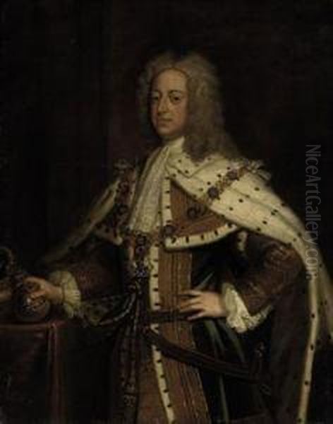 Portrait Of King George Ii When Prince Of Wales (1683-1760),three-quarter-length, In Robes Of State And Wearing The Collar Ofthe Garter by Enoch Seeman
