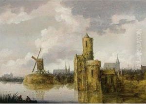 A River Landscape With A Fortified Tower And A Windmill, A View Of A Town With Churches In The Background by Pieter Segaer