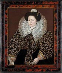 Portrait Of A Lady, Half Length, Wearing A Richly Embroidered Dress And A White Ruff, Holding A Fan by Sir William Segar