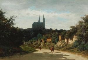 Travellers On A Road Before A Distant Cathedral, Signed, Oil On Canvas Travellers On A Road Before A Distant Cathedral, Signed, Oil On Canvas