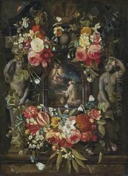 The Virgin And Child Appearing Before A Saint, In A Sculpted Cartouche, Surrounded By A Garland Of Roses, Tulips, Narcissi, Carnations, Morning Glory And Other Flowers, With Butterflies And A Bee, On A Ledge by Daniel Seghers