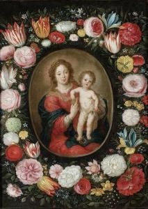 Vierge A L'enfant Ecrasant Le Serpent Dans Une Guirlande De Fleurs
