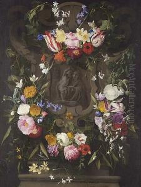Roses, Narcissi, Tulips, Snowdrops, Morning Glory, Hyacinths Jasmine And Other Flowers In A Garland Surrounding A Stone Cartouche With The Holy Family - view 1