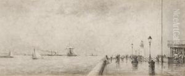 Figures On A Promenade With Shipping Beyond - view 1
