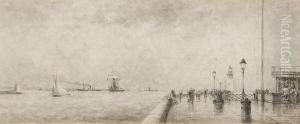 Figures On A Promenade With Shipping Beyond Figures On A Promenade With Shipping Beyond