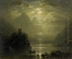 Moonlight Over Lake Geneva With Thechateau Chillon