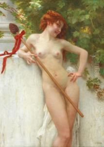 Nu De Jeune Femme Accoudee A La Colonne Tenant Le Baton De Dionysos