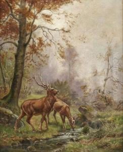 Cerfs Et Biches Pres Du Torrent by Claudius Seignol