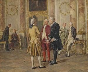 Rococo Gentlemen Waitingand Talking In An Antechamber. by Carl Seiler