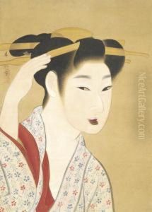 Beauty Adjusting Her Hair Ornaments by Gion Seitoku