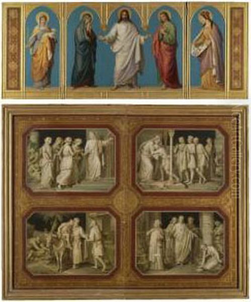 Triptychon Mit Den Auferstandenen Christus Umgeben Von Agnes, Maria, Johannes Und Elisabeth, Sowie Vier Parabeln (a Triptych Depicting The Resurrected Christ With Agnes, Mary, John And Elisabeth And The Parables Of Christ) - view 1