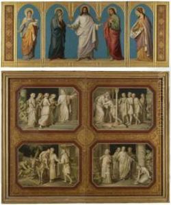 Triptychon Mit Den Auferstandenen Christus Umgeben Von Agnes, Maria, Johannes Und Elisabeth, Sowie Vier Parabeln (a Triptych Depicting The Resurrected Christ With Agnes, Mary, John And Elisabeth And The Parables Of Christ) by Alexander Maximilian Seitz