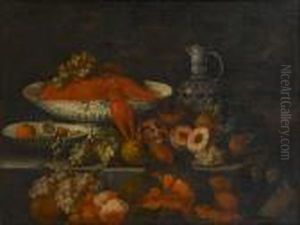 Lobster And Grapes In A Porcelain Dish, With Peaches, Grapes, Pomegranates And Plums On A Stone Ledge by Johann Seitz