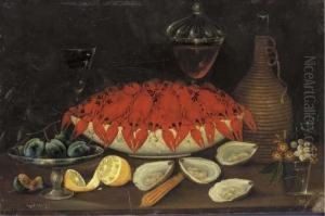 Crayfish In A Porcelain Bowl And Plums On A Tazza